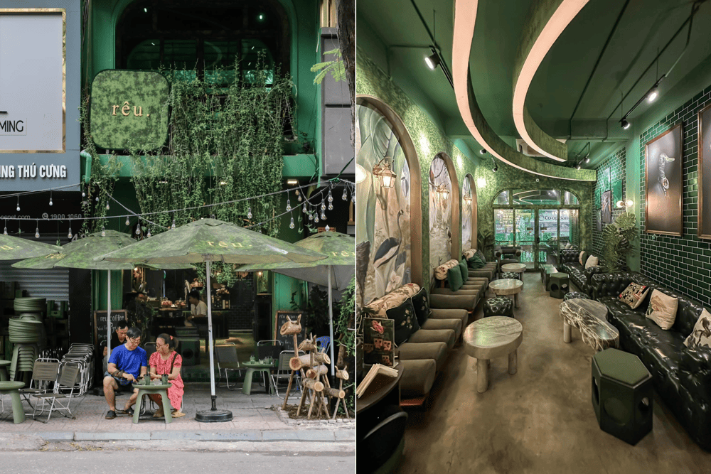 r e u . coffee stands out with its distinctive green tones that cover the entire space (Source: r ê u . coffee)